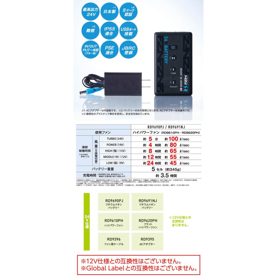 空調風神服 新型24V バッテリーセット RD9691NJ JL-2BN 日本製