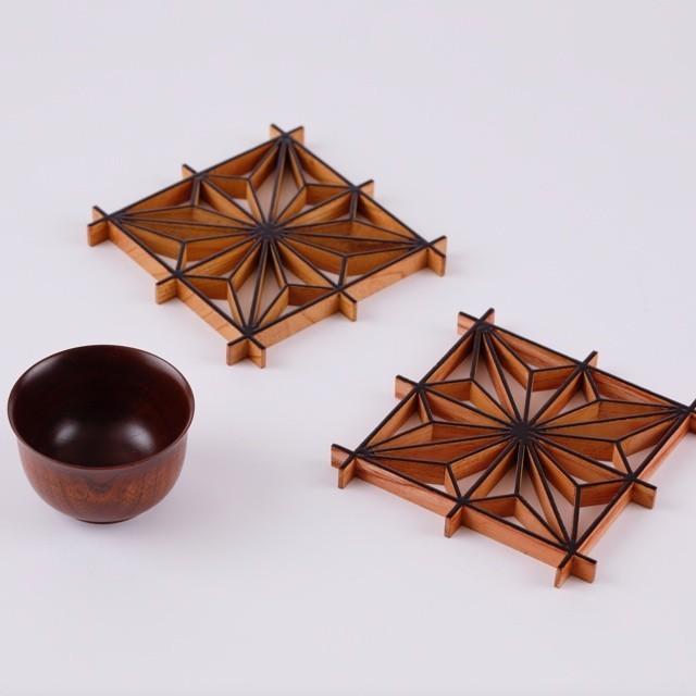 組子コースター　香椿　組子細工　麻の葉文様　120×120mm  高さ11mm 朱溜塗り　伝統工芸　国産_1