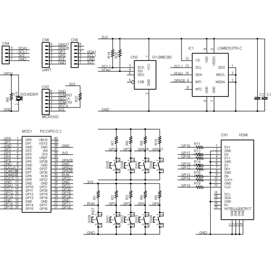 PICO-DISPLAY-KIT Raspberry Pi PICO/PICO 2 用LEDパネル、TFTディスプレイ制御実験基板キット ...