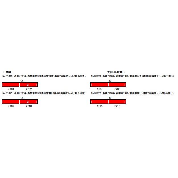 名鉄7700系 白帯車1990（妻面窓付き）増結2両編成セット（動力無し