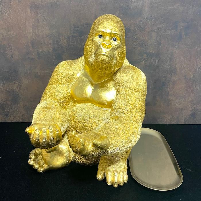置物 かわいい 動物 玄関 金色ゴリラ 小物置き トレー台付き