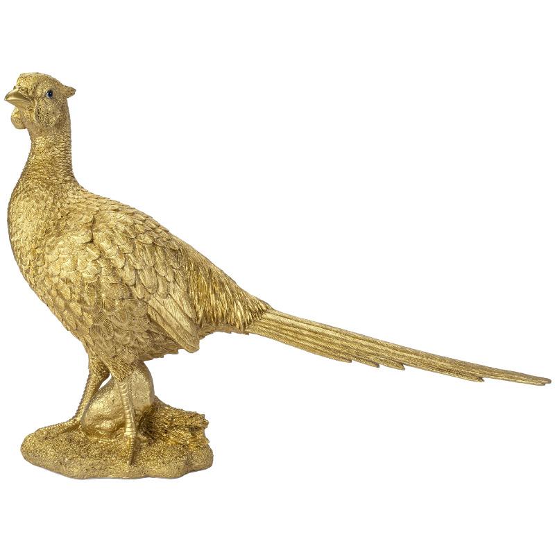 【美品】鳥　キジ　雉　木彫　手描き　置物　インテリア　工芸品　美術品　A1490 鳥 置物 オブジェ 北欧 動物 かわいい キジ ゴールド 雉 金色