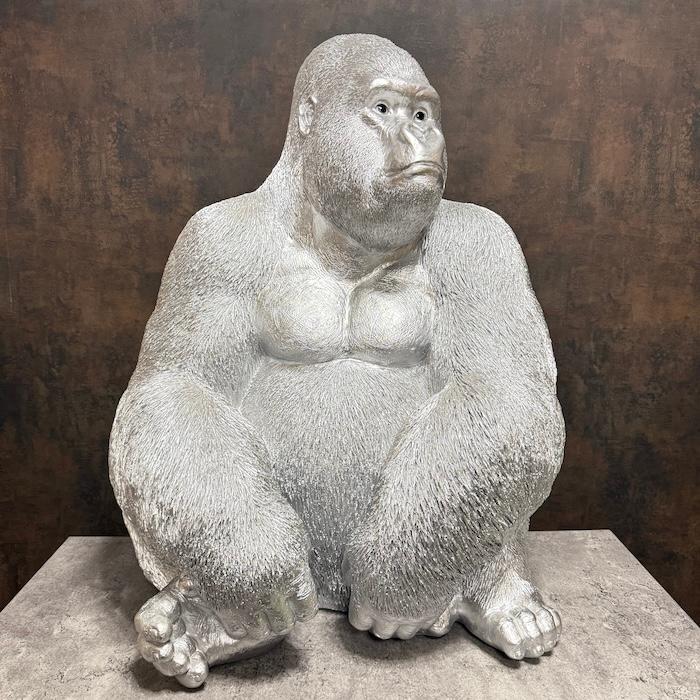 置物 お座り特大プレミアム銀色ゴリラ グッズ 巨大オブジェ シルバー