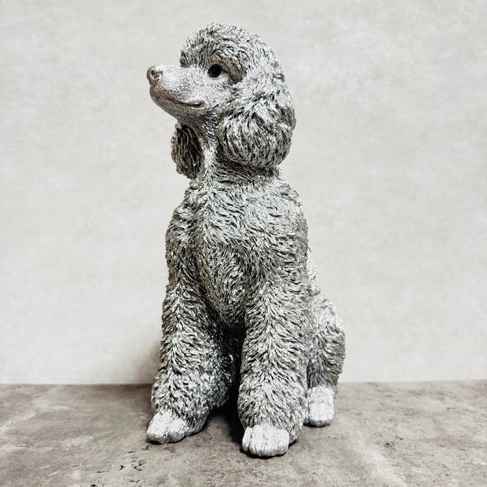 置物 犬 動物 待てプードル シルバー 銀色 豪華 高さ32.5cm woobia