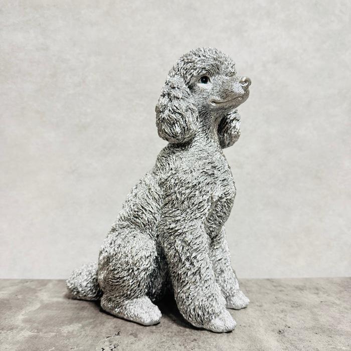 置物 犬 動物 待てプードル シルバー 銀色 豪華 高さ32.5cm woobia