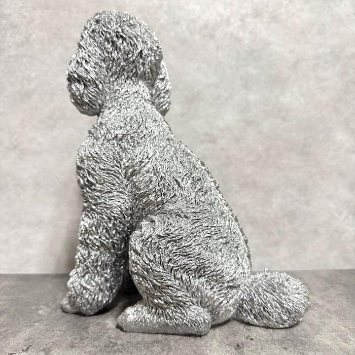 置物 犬 動物 待てプードル シルバー 銀色 豪華 高さ32.5cm woobia