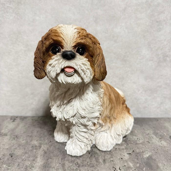 Taxidermy リアル犬の置物 茶色と白 約 置物 犬 動物 お座りシーズー 茶白 中 高さ27cm woobia おしゃれ