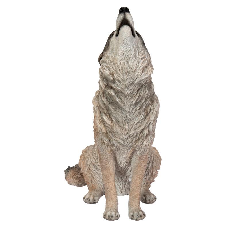 オオカミの木製彫刻 約30cm高 置物 動物 遠吠えオオカミ 高さ