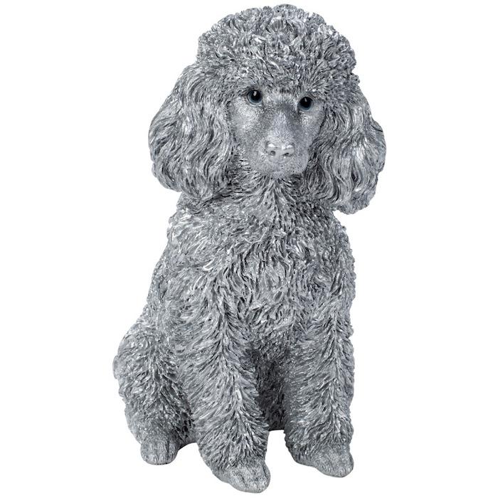 置物 犬 動物 お座りプードル シルバー 小 銀色 縁起物 高さ23cm