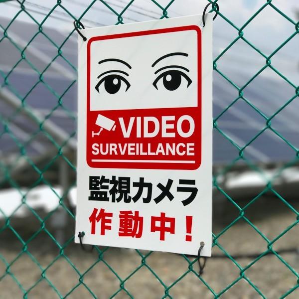 目が合う防犯用 監視カメラ作動中 看板 標識 サイン プレート 35cm×25cm 四隅穴アケ 結束バンド付き 太陽光発電所 |  | 02