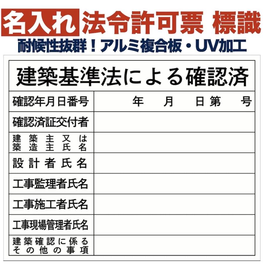 名入れあり 法令許可票 建築基準法による確認済み 標識 看板 500mm×400mm アルミ複合板 四隅穴あき加工選択可能 結束バンド6本付き | 