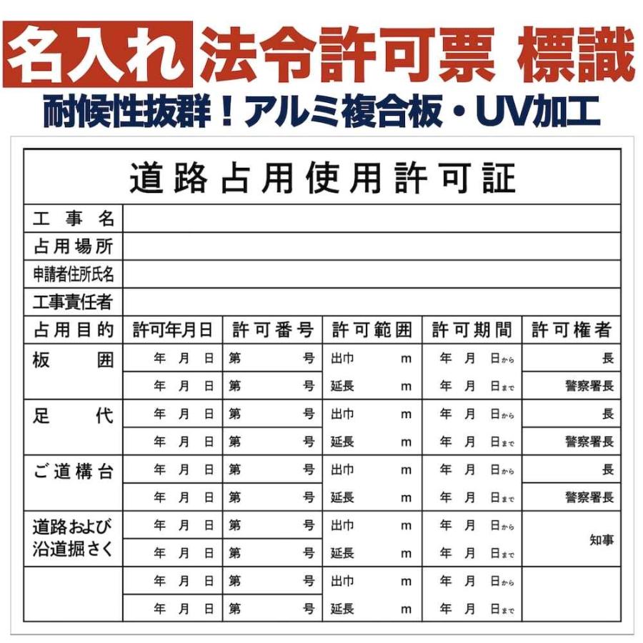 名入れあり 法令許可票 道路占用使用許可 標識 看板 500mm×400mm アルミ複合板 四隅穴あき加工選択可能 結束バンド6本付き | 