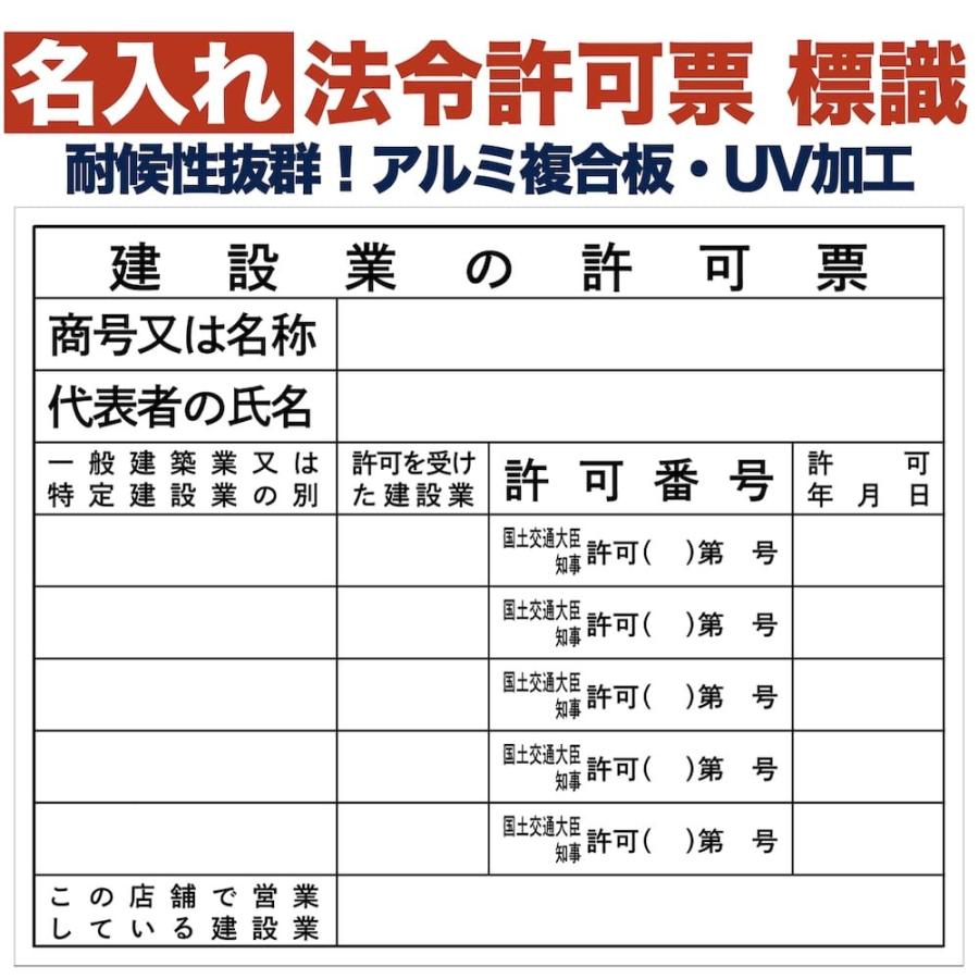 名入れあり 法令許可票 建設業の許可票（店舗） 標識 看板 500mm×400mm アルミ複合板 四隅穴あき加工選択可能 結束バンド6本付き | 
