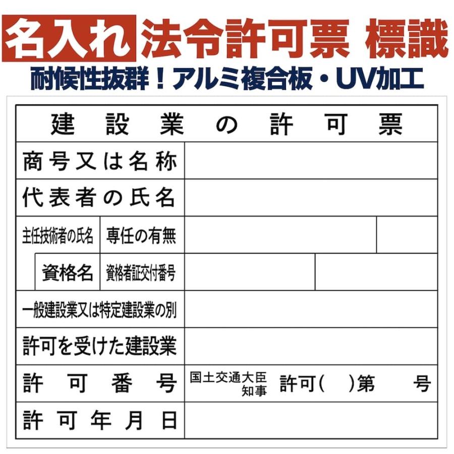 名入れあり 法令許可票 建設業の許可票（建設工事現場） 標識 看板 500mm×400mm アルミ複合板 四隅穴あき加工選択可 結束バンド6本 | 