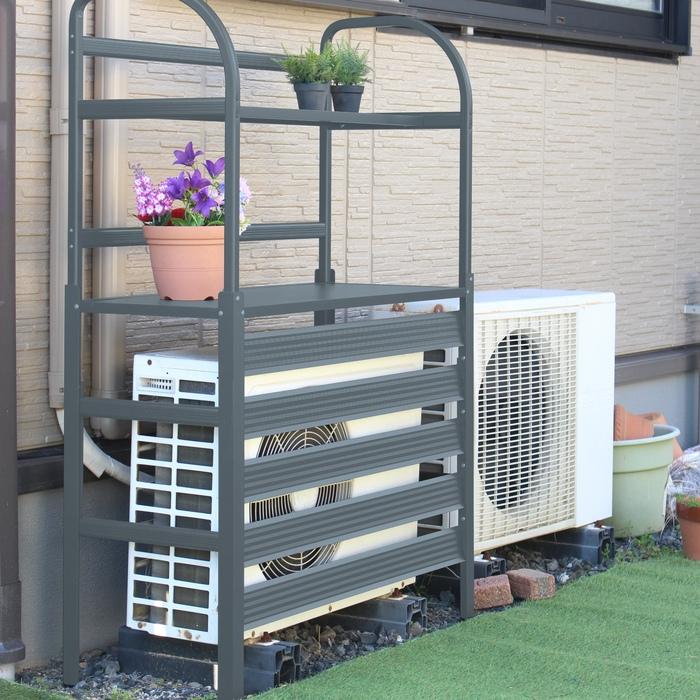 アルミ製エアコン室外機カバー　棚あり　グレー アルミ エアコン室外機カバー＜棚付き＞：グレー