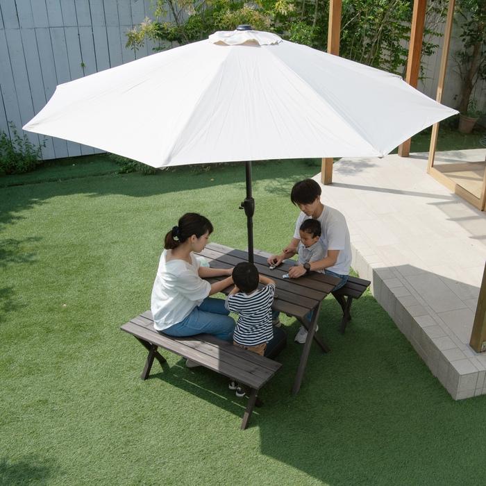 木製ガーデンテーブルセット ダークブラウン パラソル用穴付き 木製ガーデンテーブルセット ダークブラウン パラソル用穴付き