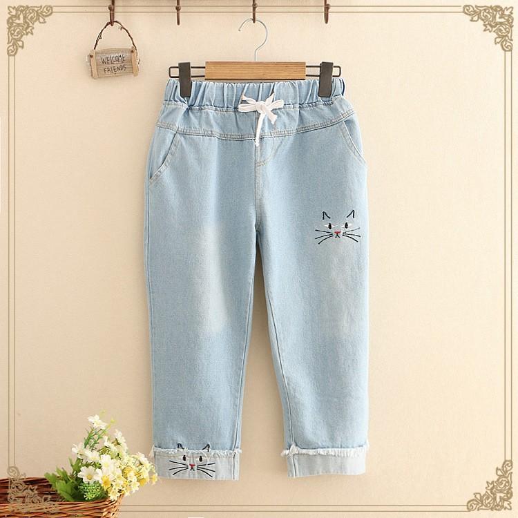 森ガール デニム パンツ ズボン ジーンズ 猫ちゃん 刺繍 裾折り返し 数量限定 特売