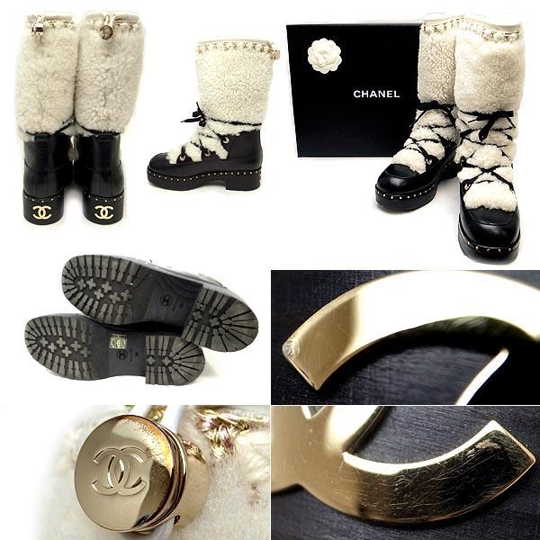 CHANELブラックファー付きムートンブーツ39