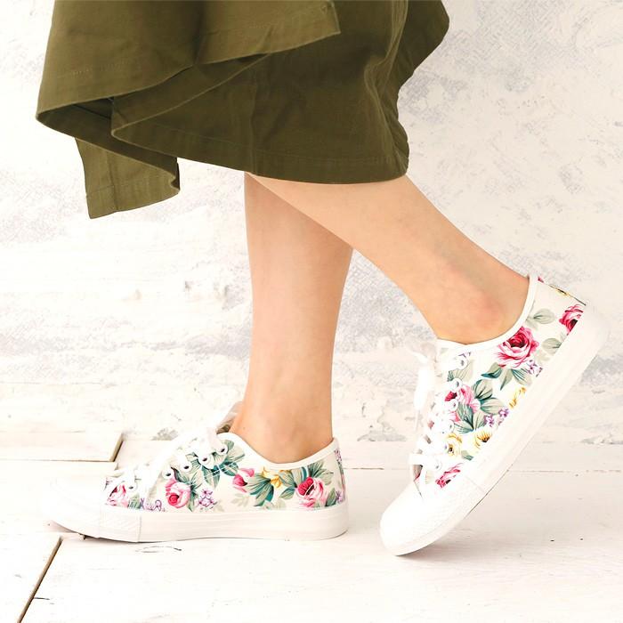 スニーカー レディース 白 秋冬 靴 花柄 ボタニカル おしゃれ レース