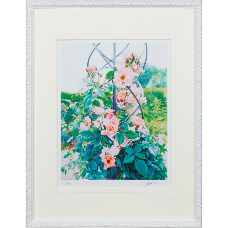 渡辺三絵子花の水彩画画ジグレー版画（書きうつす画）薔薇「朱夏・ぶどう酒」 美術、工芸品-洋画