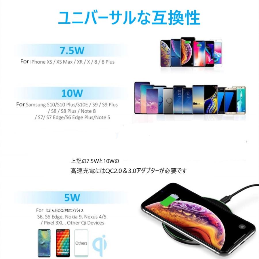 ワイヤレス充電器 急速 最大10W出力 置くだけ充電 Qi対応の iphone