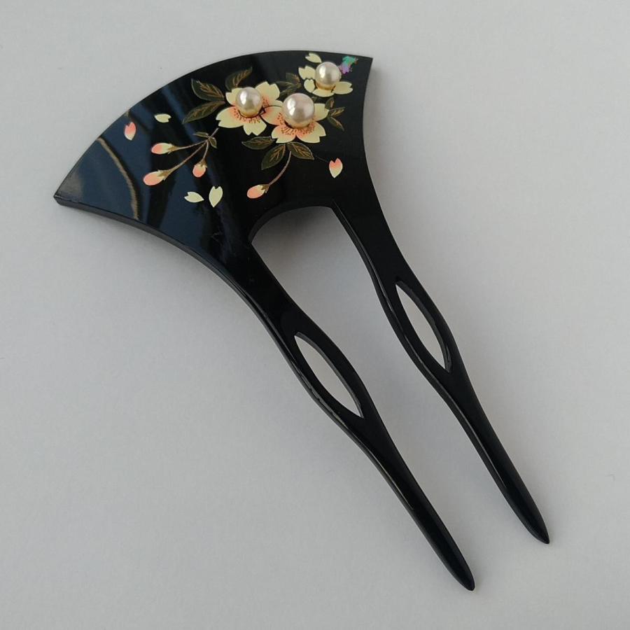 真珠の簪（蒔絵風） パール かんざし 和装小物 髪飾り 本真珠 着物 