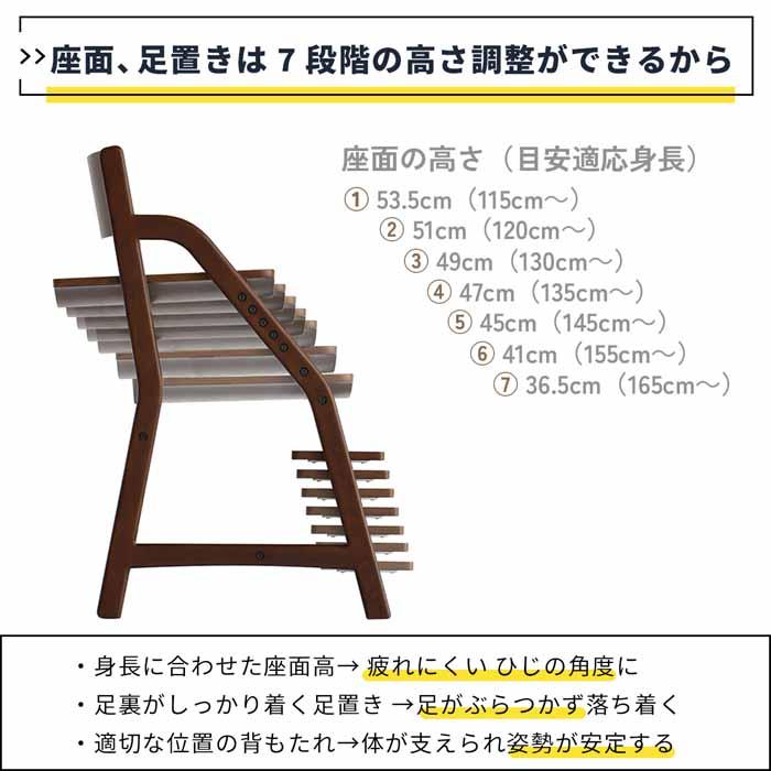 市場家具(ICHIBA)E-TOKOキッズチェアです。成長に合わせた7段階の細やかな高さ調節で、学習に最適な姿勢を保ちます。学習デスクのチェアや大人も使えるダイニングチェアとしても◎ ICHIBA（市場） 学習イス 姿勢 完成品 軽量 E-toko キッズチェア