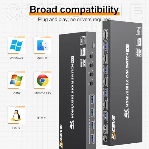 KCEVE HDMI USB3.0 KVMスイッチ 4入力1出力 PC切替器 4K@60Hz EDID保持
