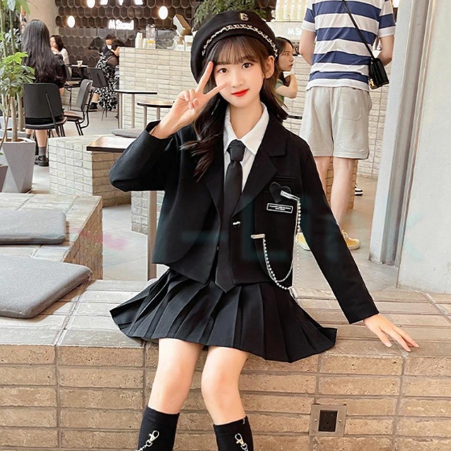 ZIDDY 卒服 ブレザー スカート セット 160 ブラック 卒業式 卒業式 スーツ 女の子 スカート 制服 卒服 韓国 JK フォーマル