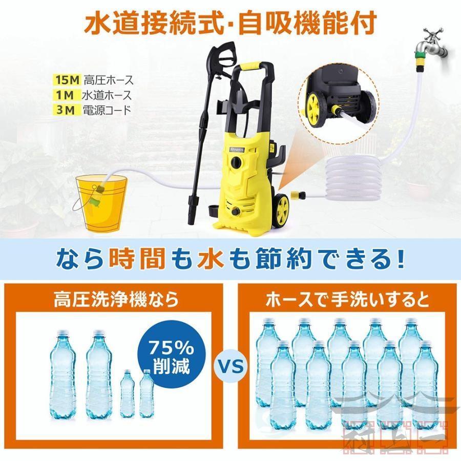 高圧洗浄機 業務用 1500W 12MPa 東西日本兼用 水道直結 自吸両用 高圧ホース5m 電源コード3m 二重絶縁 IPX5防水 清掃 家庭用 洗車 強力噴射 PSE認証済み｜mignon-aya｜08