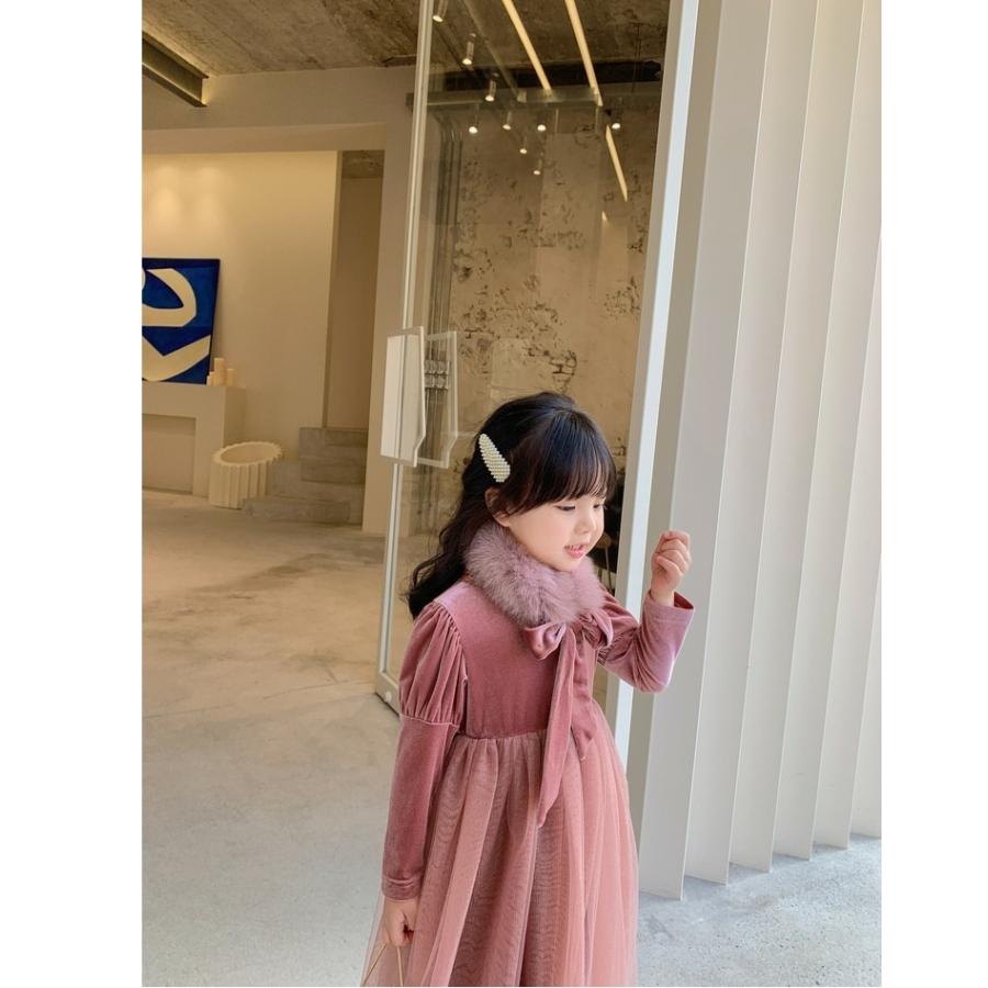 子どもワンピース キッズワンピース 冬ワンピース チュールスカート 裏起毛 ファー付き あったか 防寒 秋冬最旬 二層重ねのチュール リボン かわいい オシャレ Faerie394 ミニョンショップ 通販 Yahoo ショッピング