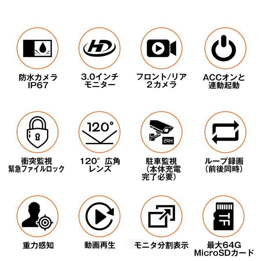 バイク用ドライブレコーダー ドラレコ 前後 2カメラ 3インチ モニター 防水 IP67 120°広角 フルHD 720P ループ 常時 録画 駐車監視 Gセンサー あおり運転 防犯_3
