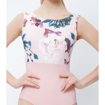 バレエ レオタード 大人 ピンク 胸元花柄 ボートネック ブラカップ