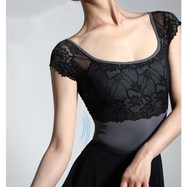 黒レース パフスリーブ 娘役レオタードS～Mサイズ XS-Lサイズあり【Glossy/グロッシー】レーススリーブ/ 七分袖