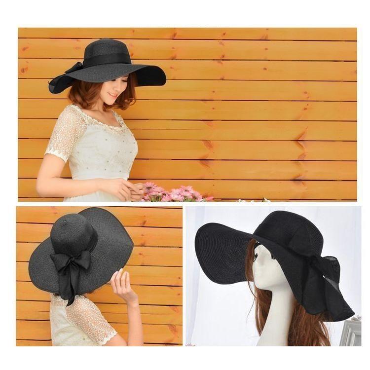 300円 男女兼用 全日本帽子協会 レディース 黒色 紐付き ストローハット つば広ハット 帽子 サイズ５７.５cm 美品
