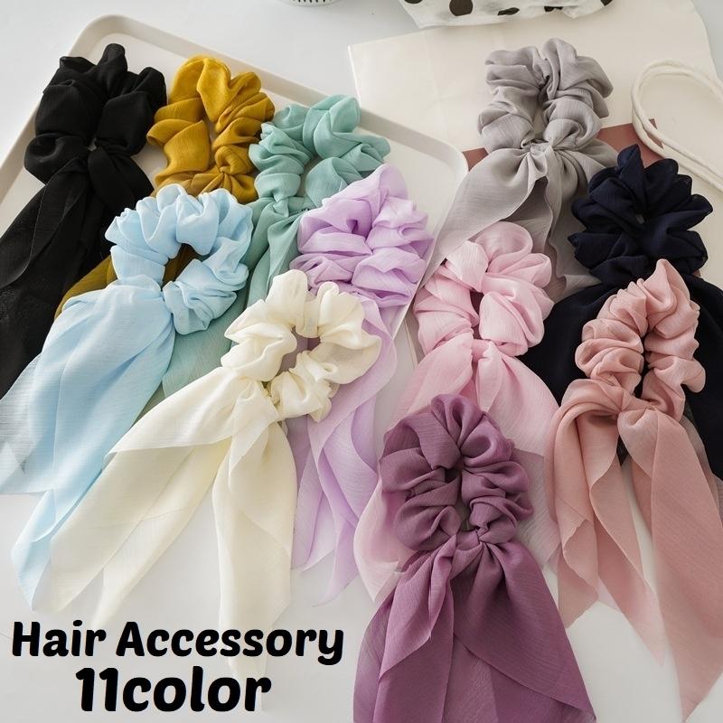 シュシュ ヘアゴム ロングリボン レディース ヘアアクセサリー 髪飾り 髪留め シフォン 透け感 無地 シンプル