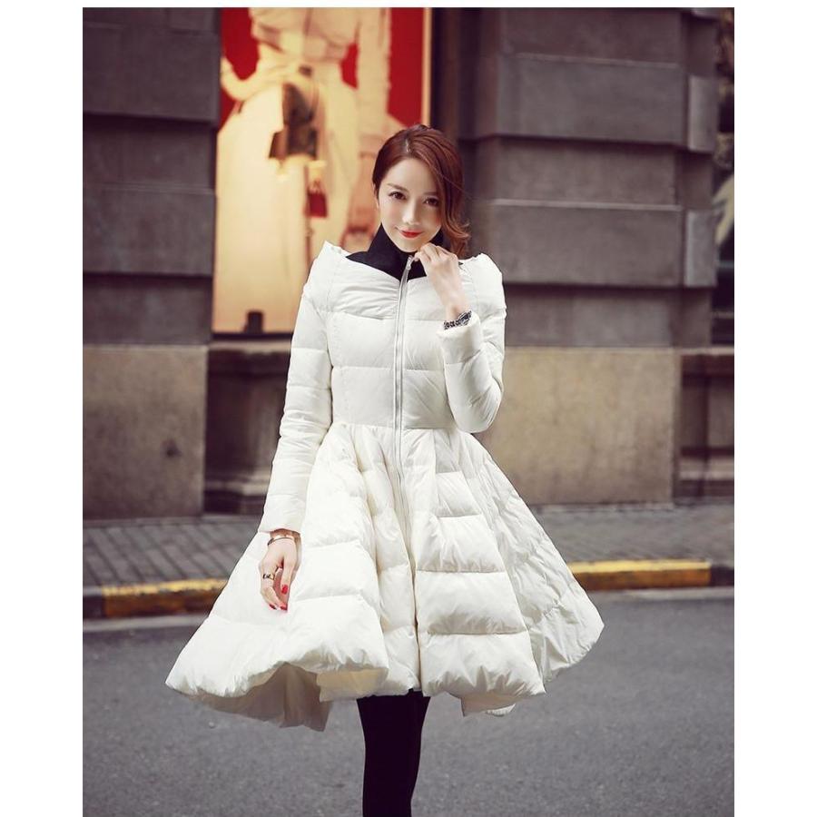 ダウンコート Aライン フレア フリルデザイン ハイネック ワンピース風