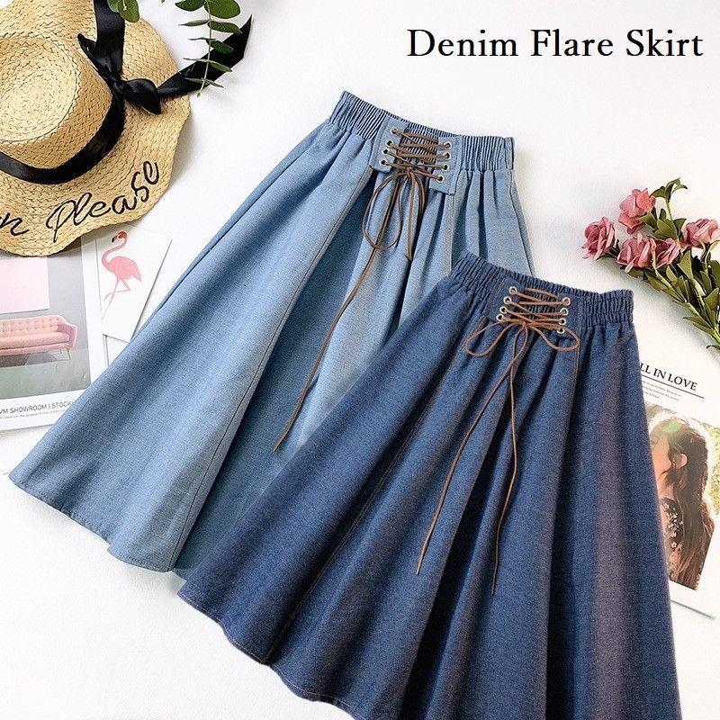 デニムスカート フレアスカート 膝丈スカート レディース スカート デニム フレア 膝丈 ミディアム丈 レースアップ ウエストゴム ギャザー 無地 シ Bot おとりよせ Com 通販 Yahoo ショッピング