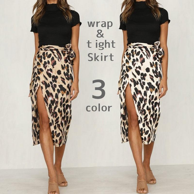ロングスカート レディース ボトムス ラップスカート 巻きスカート ミディ丈 タイト 深めスリット リボンベルト ヒョウ柄 アニマルデザイン セクシー 人気のファッションブランド