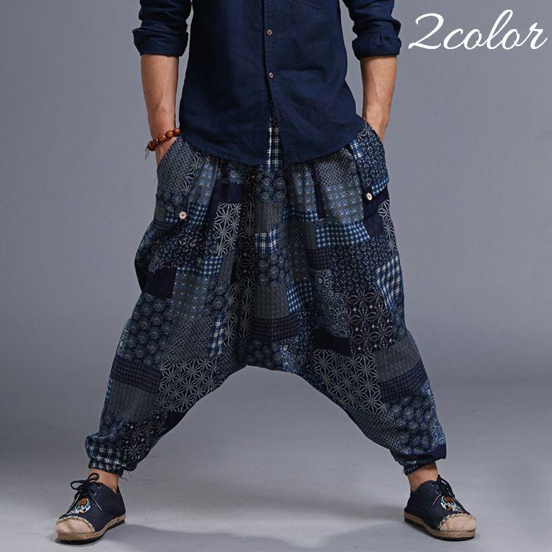 サルエルパンツ ロングパンツ 長ズボン メンズ ボトムス 薄手 ウエストゴム 和柄 パッチワーク風デザイン 楽チン カジュアル おしゃれ 男性用 紳士 最大 Offクーポン