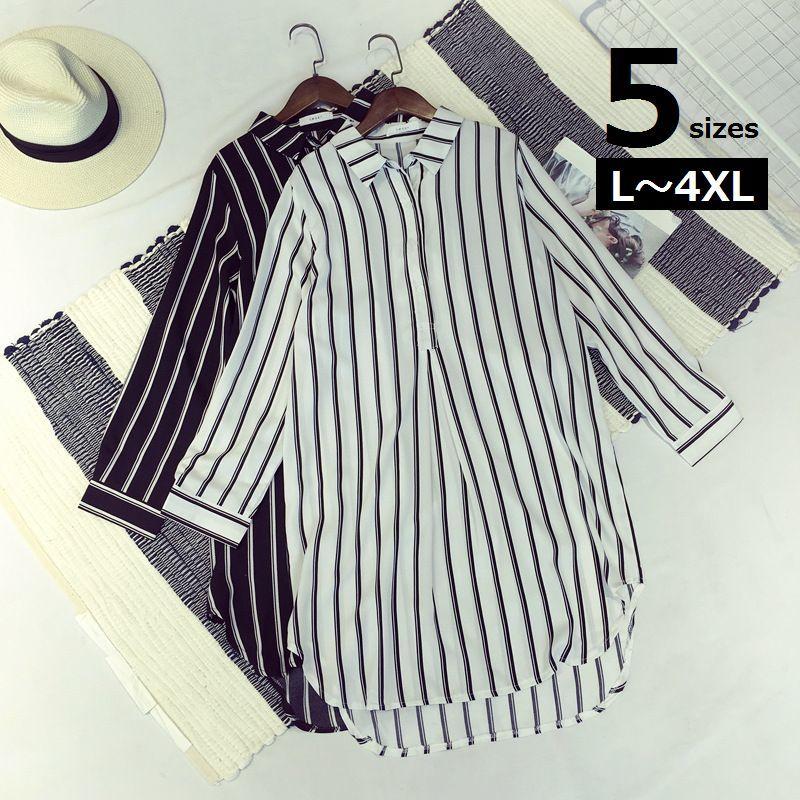 長袖 ロングシャツ ロングブラウス レディース トップス プルオーバー ストライプ ロング丈 シャツ ブラウス シャツワンピース ホワイト ブラック Cjyty 07 おとりよせ Com 通販 Yahoo ショッピング