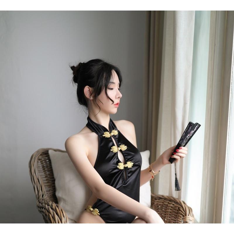 ボディスーツ 下着 インナー コスプレ衣装 ホルターネック レオタード型 ノースリーブ 単色 ブラック チャイナ風 中国服風 イベント