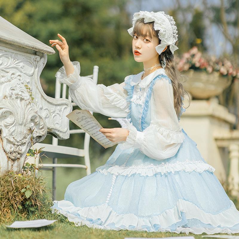コスチューム ロリータドレス 長袖 ワンピース エプロンドレス風 ティアード フリル レース お嬢様風 萌え系 姫系 甘ロリ シフォン 透け感 重ね着 Cos 026 おとりよせ Com 通販 Yahoo ショッピング