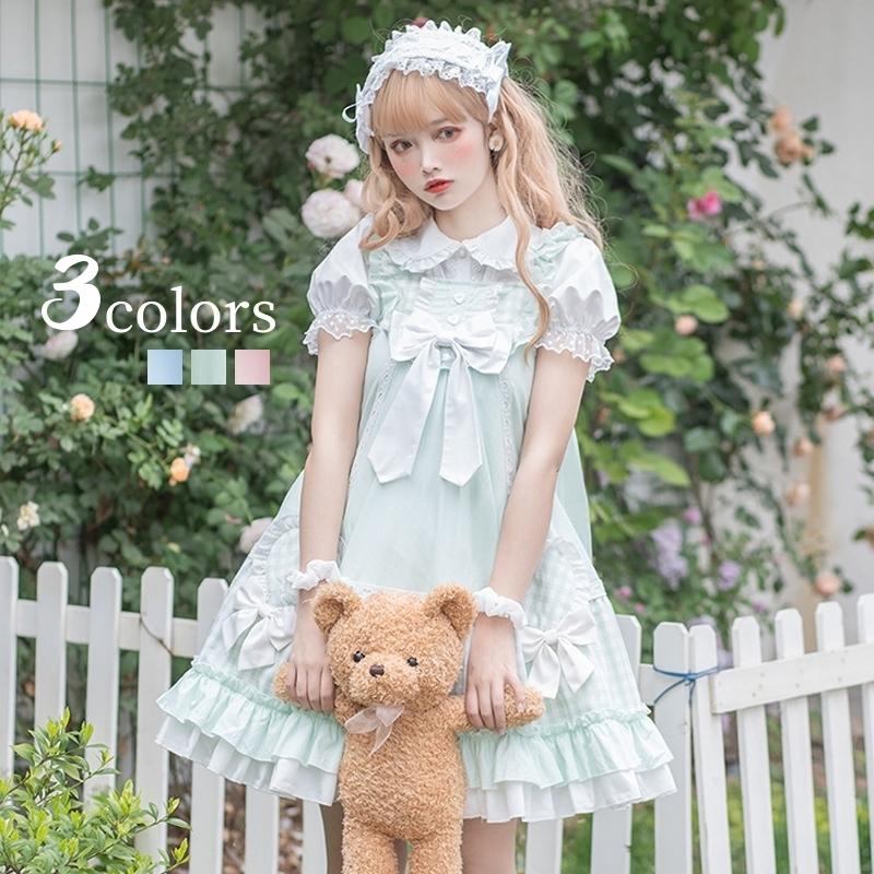 ロリータドレス ジャンパースカート コスチューム レースやリボンが可愛らしい ロリータドレス フロントのボタンもハートで細部までキュートなデザインです ブラウスは付属しておりません 膝上丈 レディース 女性 キャミソールワンピース かわいい フリル かわいい