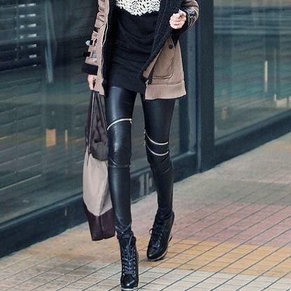 フェイクレザー レギンスパンツ ニージッパー付 レギンス レギパン スパッツ レディース ボトムス パンツ スリム スキニー 9分丈 ロング丈 ブラッ Gzpl903 おとりよせ Com 通販 Yahoo ショッピング