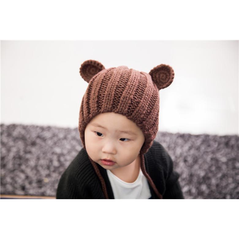 帽子 ニット帽 キャップ ベビー 赤ちゃん クマ 耳 紐 毛糸 編み物 単色 シンプル かわいい おしゃれ 防寒 お出かけ