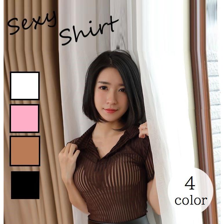 シャツ 半袖 レディース 柄入り ストライプ 縦ライン 薄手 セクシー 透け感 シースルー 女性 セクシー下着 トップス Inn おとりよせ Com 通販 Yahoo ショッピング