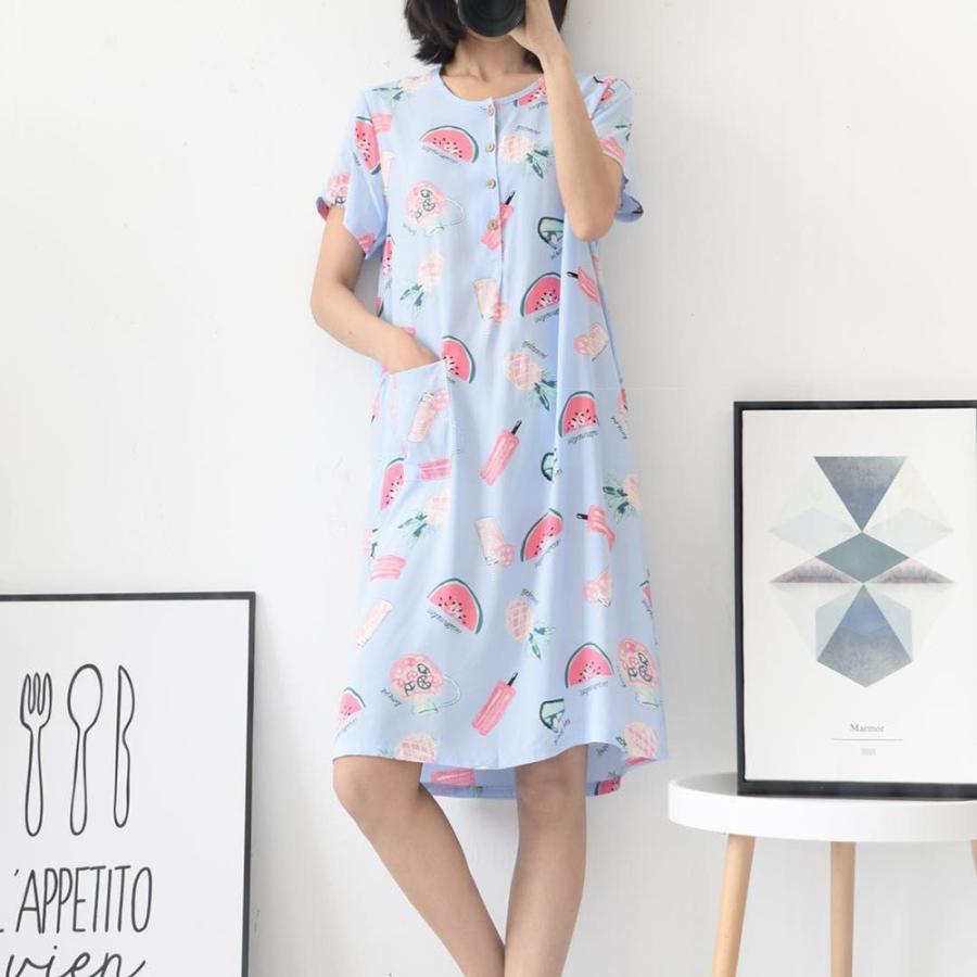 ルームウェア ワンピース レディース パジャマ 半袖 ヘンリーネック 膝丈 膝上 ポケット ボタニカル柄 スイカ リーフ 可愛い おしゃれ 女子力アッ Inn おとりよせ Com 通販 Yahoo ショッピング