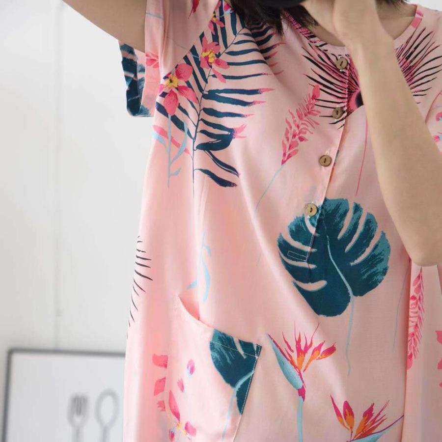 ルームウェア ワンピース レディース パジャマ 半袖 ヘンリーネック 膝丈 膝上 ポケット ボタニカル柄 スイカ リーフ 可愛い おしゃれ 女子力アッ Inn おとりよせ Com 通販 Yahoo ショッピング