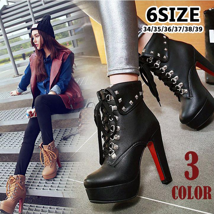 ショートブーツ レースアップブーツ 厚底ブーツ 編み上げブーツ レディース 靴 秋冬 ショート丈 ストーム付き ハイヒール スタッズ レッドソール カ Kutu おとりよせ Com 通販 Yahoo ショッピング